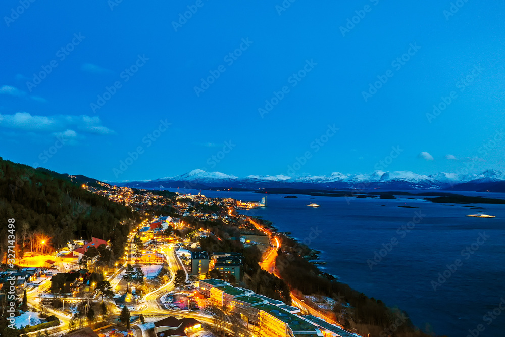 Aerial view of residential area in Molde, Norway at night