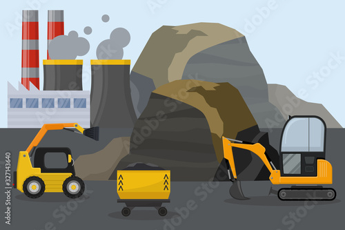 Coal mining industry facilities concept vector illustration. Mine, machine bulldozer excavator, equipment for coal extraction station field. Smoking chimney of factory plant.