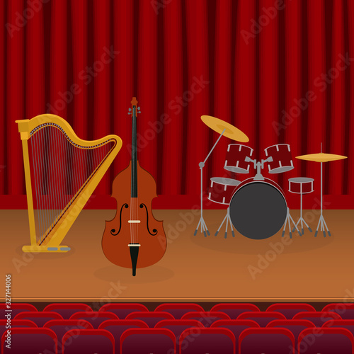 Musical instruments stand on stage for musical concert, ensemble performances with live sound vector illustration. Harp, double bass, drum kit. Empty auditorium, curtain open. photo