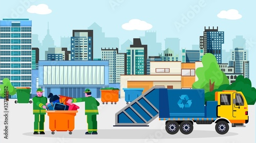Waste disposal removal recycling concept vector illustration. Garbage truck van dustcart, dumpsters and two scavengers janitors people sorting collecting trash. Megalopolis city buildings background.