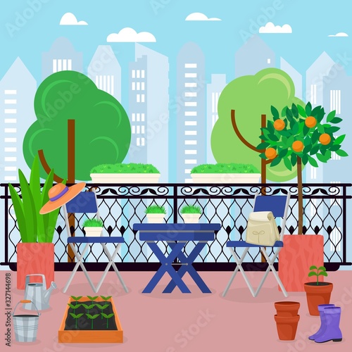 Urban house balcony veranda with gardening furniture vector illustration. Balcony decorated with trees plants flowers pots. Table, chairs, rubber boots, watering can. City buildings background.