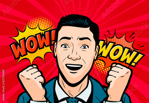 Delighted man or businessman. Retro comic pop art vector illustration