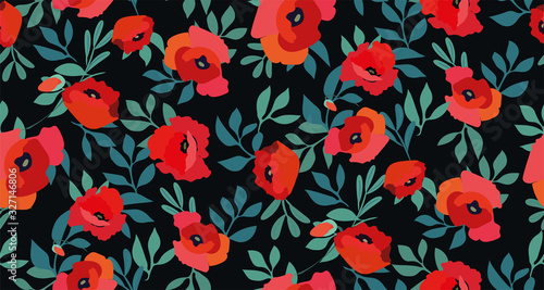 Seamless pattern with red poppy flowers and leaves on a black background. Floral print. Vector hand-drawn illustration.