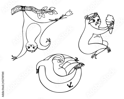 vector funny sloths on a white background. coloring books