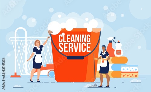 Professional Cleaning Service, Housekeeping Company Workers, Hotel Room Maid Job Opportunity Banner. Caucasian, African-American Women in Uniform, Bucket with Foam Trendy Flat Vector Illustration