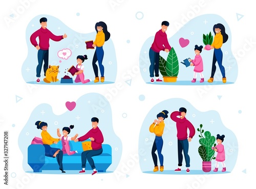 Child Home Duties, Family Recreation Trendy Flat Vector Concepts Set. Parents with Children Relaxing Together at Home, Watering Plants, Playing in Hide-and-Seek, Feeding Cat Isolated Illustrations