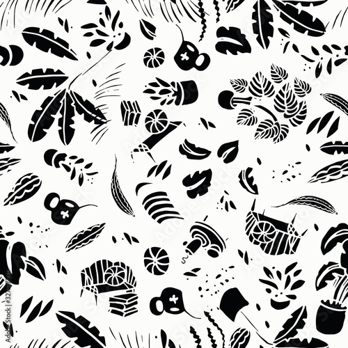 Cool hygge leisure lifestyle plant pattern with modern floral and shape in black and white. Stylish tropical plant pattern. Surface pattern design. © Corpholia Design 