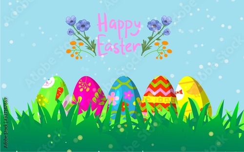 Decorative Easter eggs on green grass cartoon vector illustration. Happy easter background with spring grass, flowers and holiday colorful eggs.