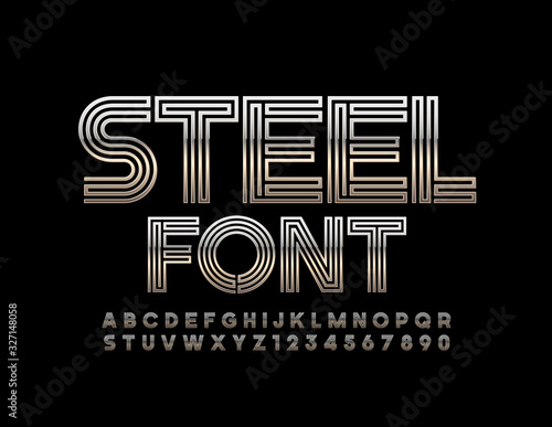 Vector Steel Font. Elegant Silver Alphabet Letters and Numbers.