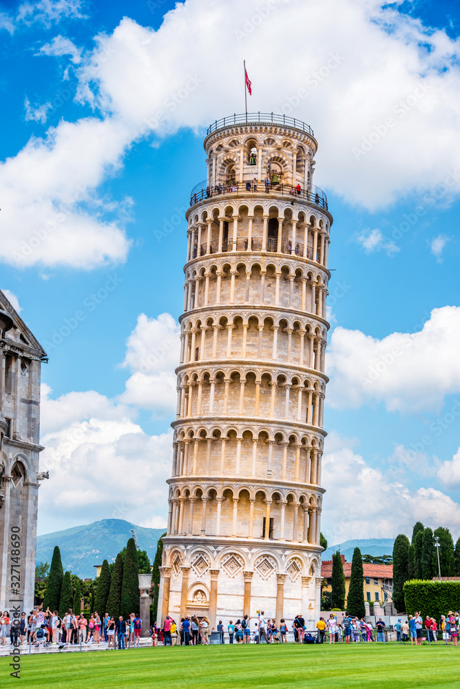 Picturesque landscape with church and famous sloping tower in Pisa, Italy. fascinating exotic amazing places.