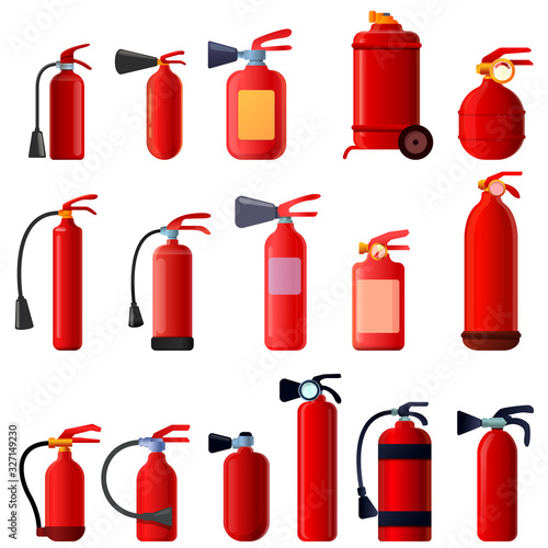 Fire extinguisher icons set. Cartoon set of fire extinguisher vector icons for web design