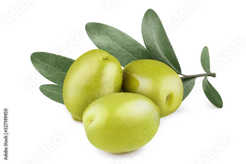 Wallpaper Mural Three delicious green olives with leaves, isolated on white background Torontodigital.ca