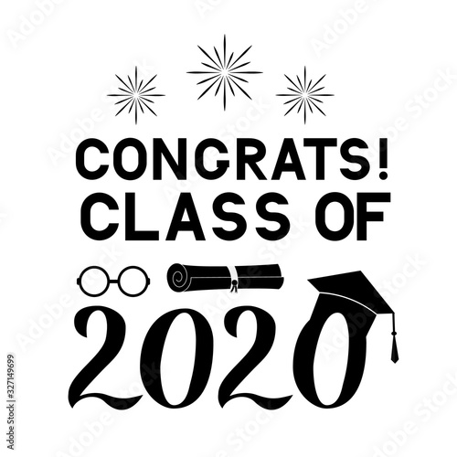 Congrats Class of 2020 lettering with graduation hat isolated on white. Congratulations to graduates typography poster. Vector template for greeting card, banner, label, sticker, t-shirt, etc.
