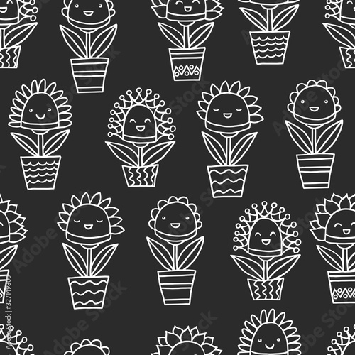 Seamless pattern with abstract smiling potted flowers, white outline on a black background