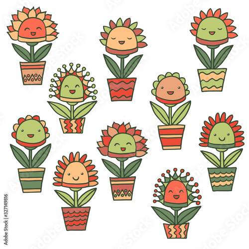 Set with abstract smiling potted flowers, on white background
