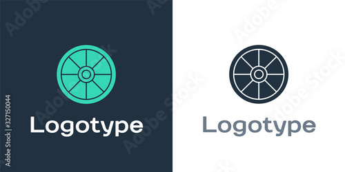 Logotype Old wooden wheel icon isolated on white background. Logo design template element. Vector Illustration