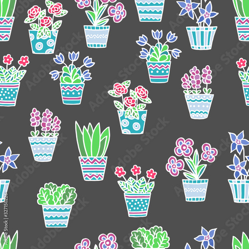 Seamless pattern with hand-drawn multicolored potted flowers on a dark gray background