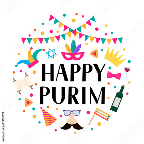 Happy Purim circle label with lettering, props and traditional Jewish symbols hamantaschen cookies, noisemaker, megillah esther, wine, masque, crown. Carnival vector illustration. photo