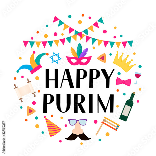 Happy Purim circle label with lettering, props and traditional Jewish symbols hamantaschen cookies, noisemaker, megillah esther, wine, masque, crown. Carnival vector illustration.
