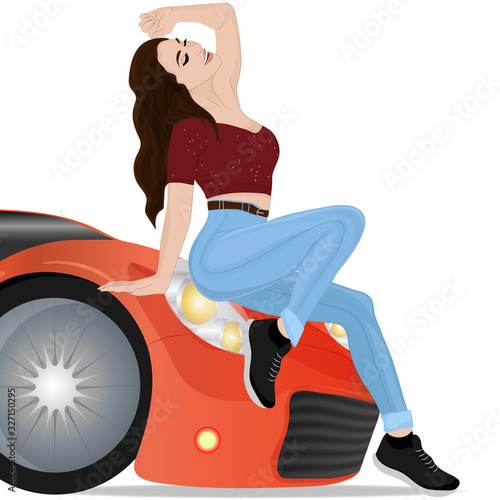 Girl sitting on the hood of a car. Vector art