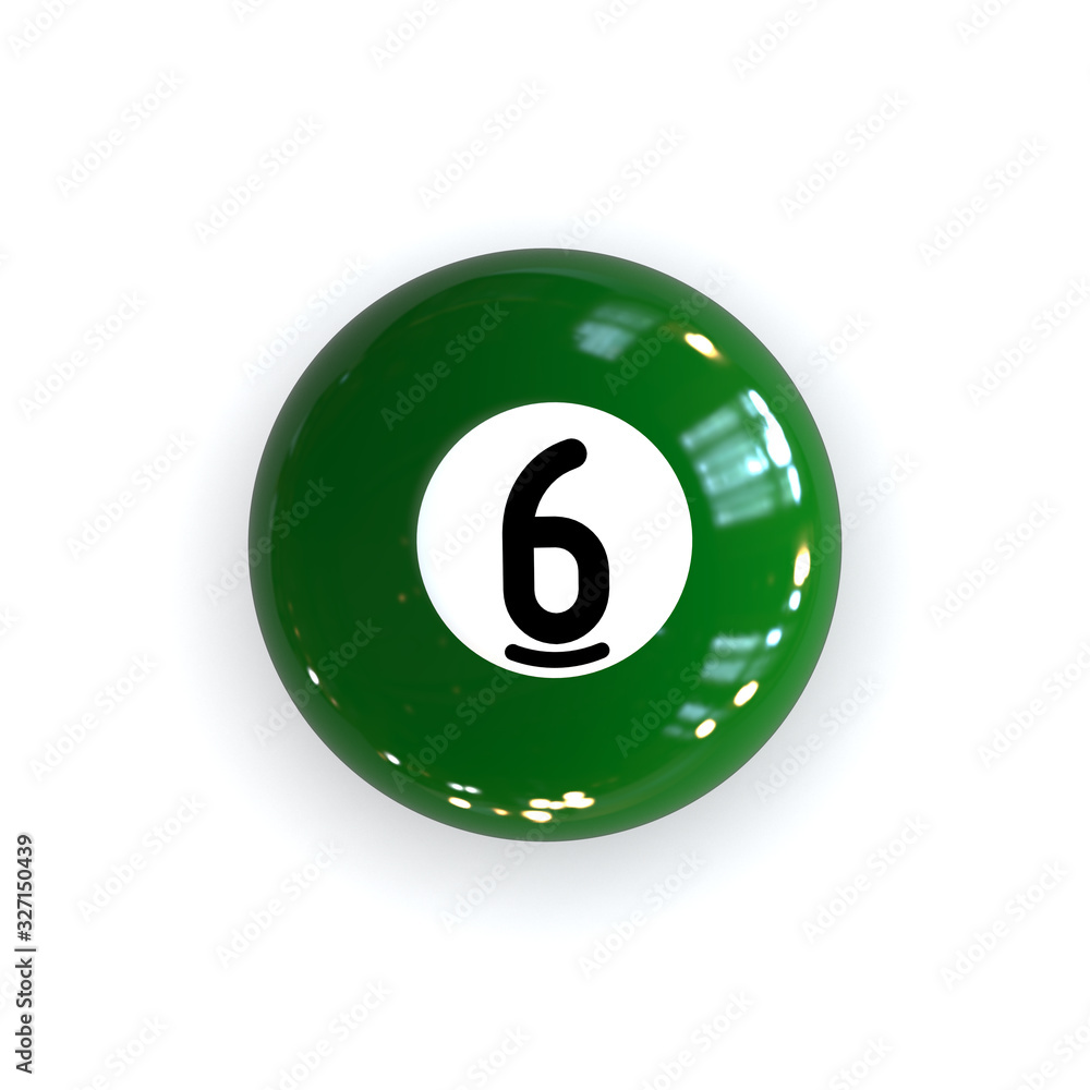 Top View Solid Green Pool Billiard Ball Number Six 6. Realistic 3D Render Isolated on White Background.