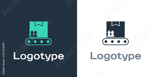 Logotype Conveyor belt with cardboard box icon isolated on white background. Logo design template element. Vector Illustration