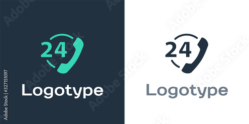Logotype Telephone 24 hours support icon isolated on white background. All-day customer support call-center. Full time call services. Logo design template element. Vector Illustration