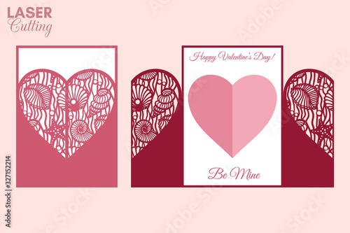 Laser cut template of gate fold card with sea shells patterned heart for brochures, wedding invitations or Valentine's Day greeting card.