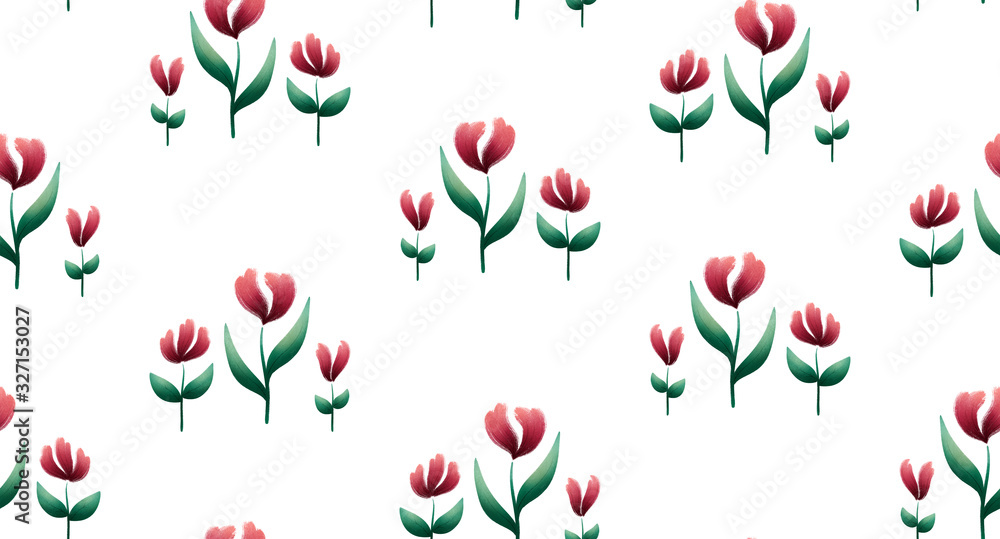 custom made wallpaper toronto digitalFloral pattern, Gouache painted flowers and leaves, seamless spring pattern in red, green and white