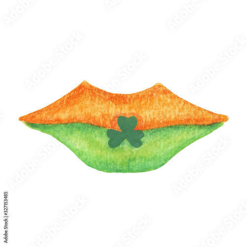 Beautiful lips in the colors of the Irish flag. Female lips with shamrock. Watercolor hand-drawn illustration. Decorative element for St. Patrick's Dayf and traditional Irish symbols designs photo