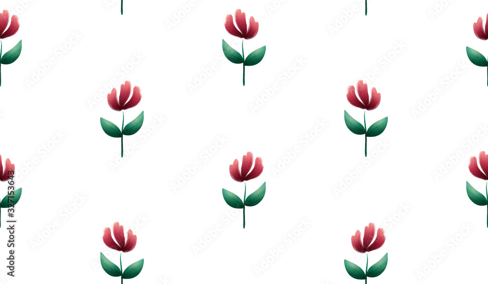 Floral pattern, Gouache painted flowers and leaves, seamless spring pattern in red, green and white Floral pattern, Gouache painted flowers and leaves, seamless spring pattern in red, green and white