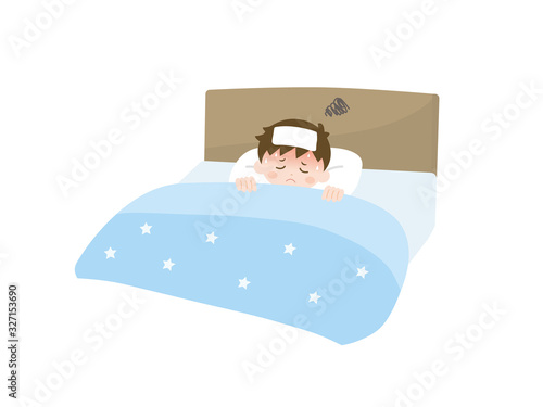 熱が出て休む男の子のイラスト	