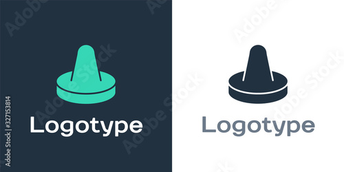 Logotype Mallet and puck for playing air hockey game icon isolated on white background. Logo design template element. Vector Illustration