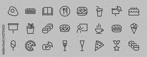 A simple set of fast food icons related to the vector line. Contains icons such as pizza, burger, sushi, bike, scrambled eggs and more. EDITABLE stroke. 480x480 pixels perfect, EPS 10