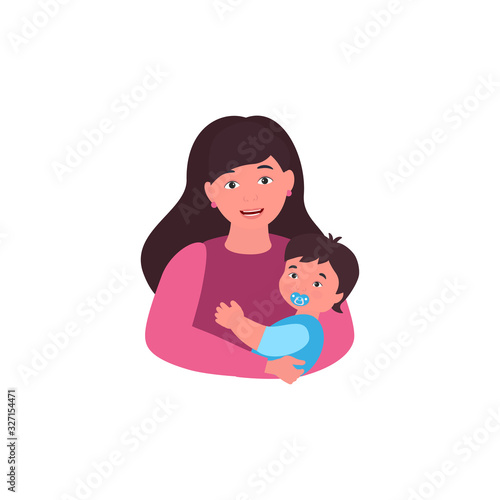 Young mother holding a baby. Mom's hug and love. Vector illustration. Card on Mother's Day