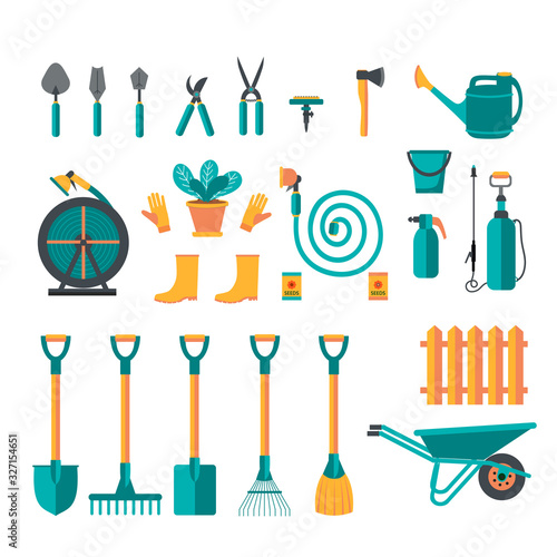 Large set of items on agricultural theme: Rake, shovel, wheelbarrow, watering can, hose, drawer, etc. Garden tools. Care and cultivation of plants