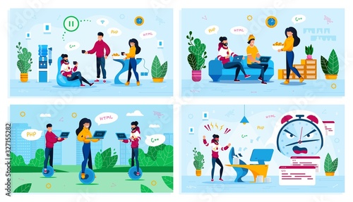 Software Developers Life and Leisure Trendy Flat Vector Concepts Set. IT Team on Coffee Break, Programmers Gathering at Home, Freelancers Working in Park, Developer Fails Project Deadline Illustration