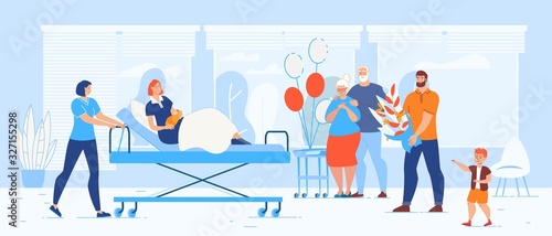 Happy Family Meeting Young Mother with Newborn Baby in Hospital. Nurse Pushing Woman with Child Lying on Moving Bed. Husband, Son and Granny Relative. Congratulation. Vector Illustration