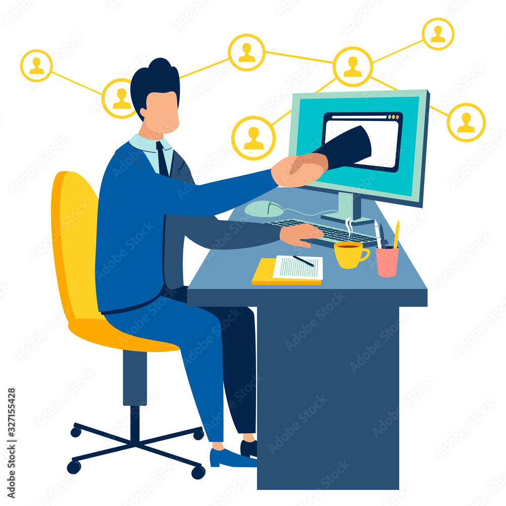 Handshake through computer monitor. Cartoon raster illustration flat Handshake through computer monitor. Cartoon raster illustration flat