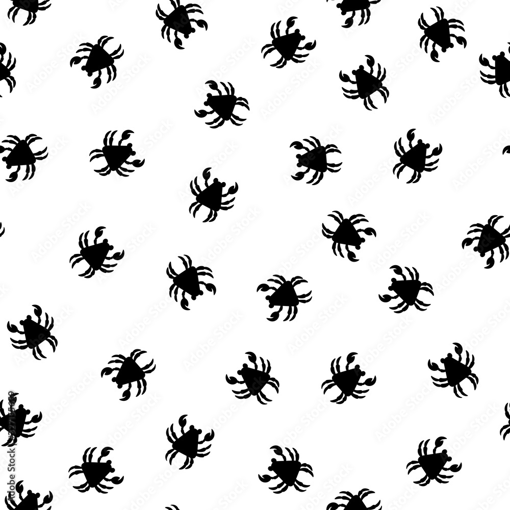 Seamless pattern with cute black crab silhouette on white background. Vector animals illustration. Adorable character for cards, wallpaper, textile, fabric, kindergarten. Cartoon style.