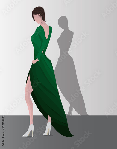 vector illustration girl in a green dress posing on a light background