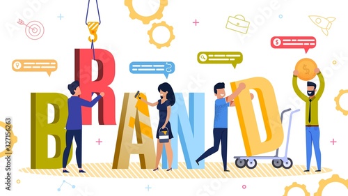 Brand Development and Auxiliary Tool, Resource. Businesspeople Engaged in Capital Letter Constructing in Word Using Different Instrument for Branding Promotion. Teamwork. Vector Illustration