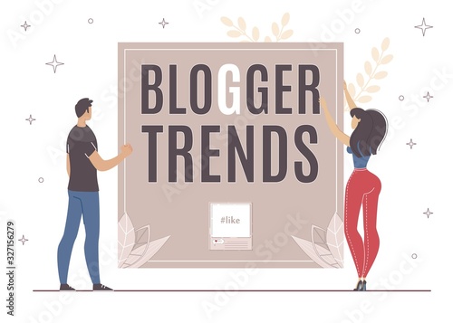 Collaboration to Use Blogger Trends in Network. Friendly Team Make Life Easier for Blogger. Man and Woman Work Together. Search for New Topic, Content Production Requires Lot Effort. © TeraVector