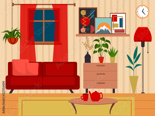 Modern cozy interior. Beautiful clean room with plants and paintings. Vector illustration in flat cartoon style.