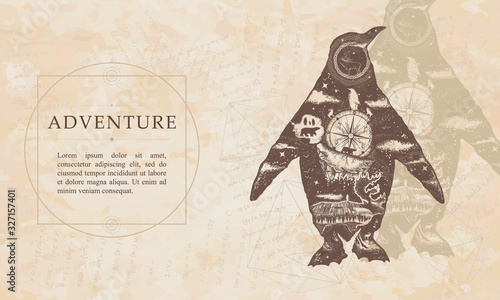 Adventure. Penguin double exposure. Renaissance background. Medieval manuscript, engraving art. Symbol of Arctic, Antarctica, tourism and adventure, north animals