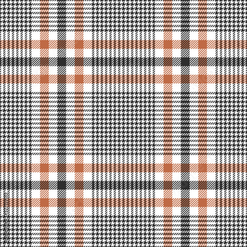 Glen check plaid pattern. Seamless hounds tooth tartan plaid in dark brown, orange, and white for jacket, skirt, trousers, or other modern autumn or winter tweed textile design.