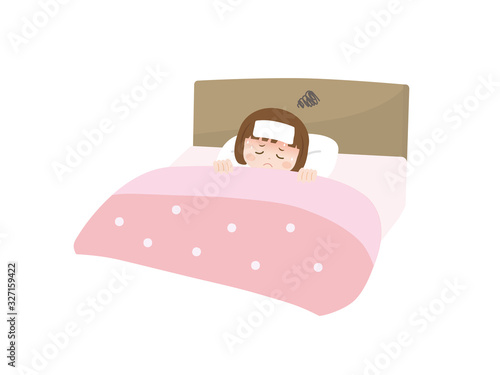 熱が出て休む女の子のイラスト
