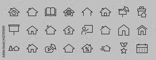 Simple set of line vector home icons. Contains house symbols at interest, infuse house and more. Editable stroke. 480x480 pixels perfect.