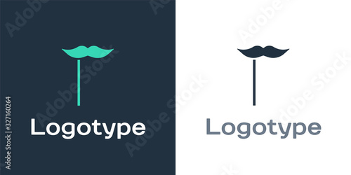 Logotype Paper mustache on stick icon isolated on white background. Concept with cardboard carnival mask. Mask for a photo shoot. Logo design template element. Vector Illustration