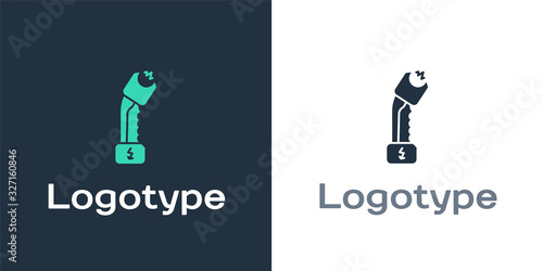 Logotype Police electric shocker icon isolated on white background. Shocker for protection. Taser is an electric weapon. Logo design template element. Vector Illustration